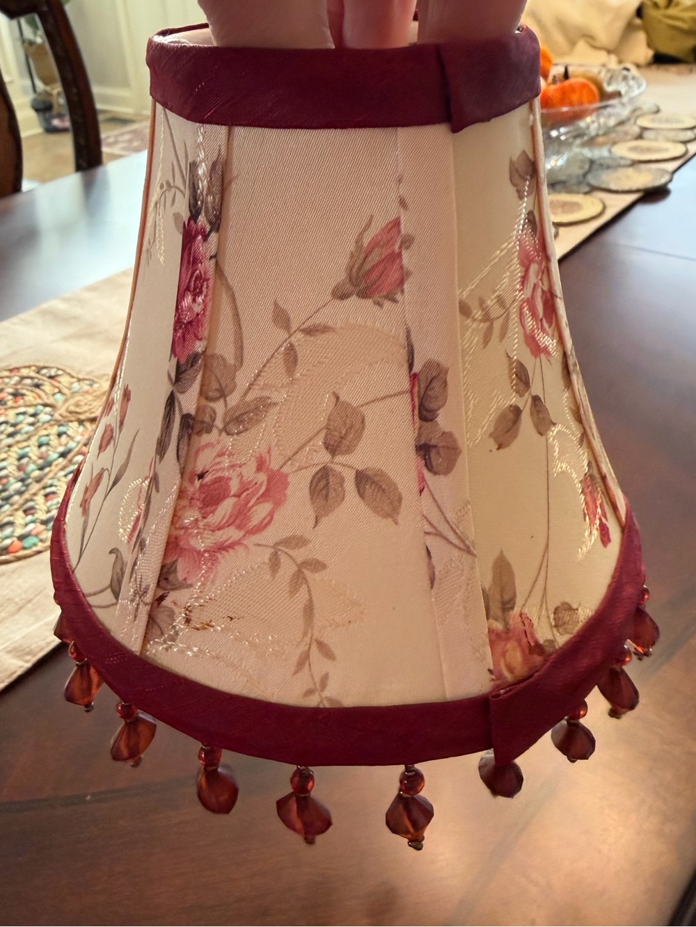 Set of 8 Floral Decorative Lamp Shades with Burgundy Trim and decorative beads